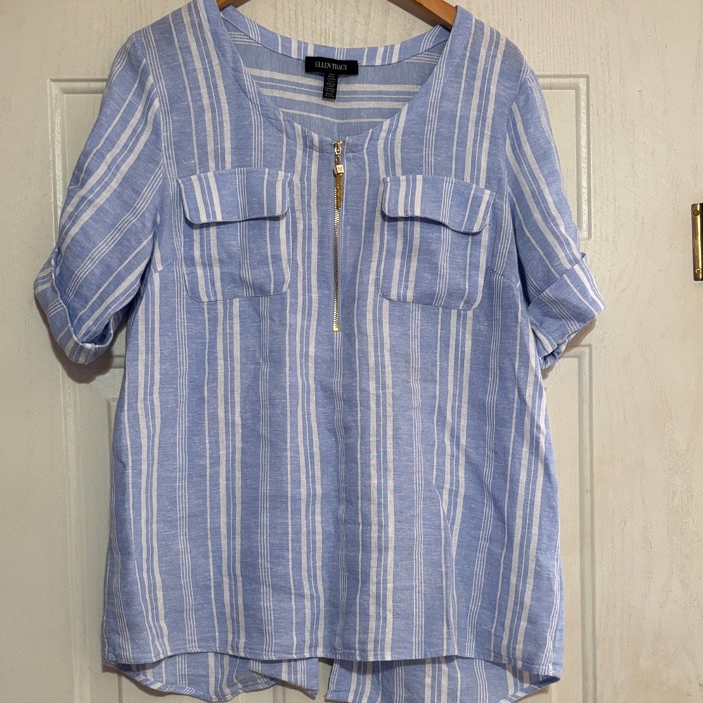 Ellen Tracy Blue and White Striped Blouse - Picture 1 of 8
